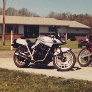 '83 1100 Suzuki Katana--one of the most radical Japanese streetbikes ever.  Based on the blazing-fast GS1100 (for the time, the quickest production bi