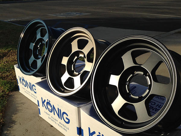 16x8" Konig Countersteer Type X Wheels : Dark Metallic Blue, Matte Bronze, Matte Black.

16" diameter
8" width
6x139.7mm bolt pattern
0mm offset
4.5" 