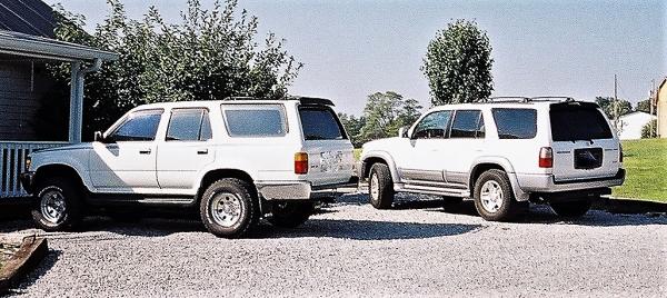 1990 SR5 and 2000 LTD 4Runners
Before we sold the 1990.
Also before lift kit and tires put on the 2000 LTD.
Sorry for pic quality, taken in 2006.