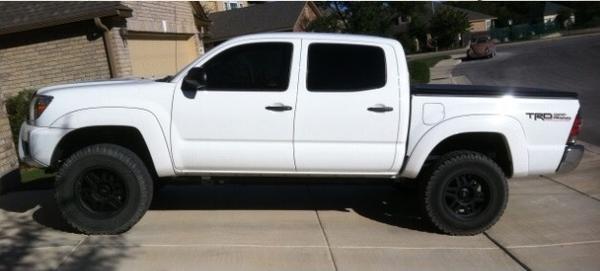 2013. 3" lift - Eibach springs and Bilstein 5100s. Add a leaf in back.  SCS Stealth wheels. 265 70 17 BFG ATs.