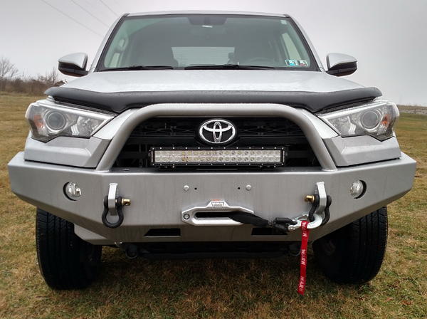 2015 SR5 4Runner with a ShrockWorks front bumper with Warn Zeon 10-S Platinum Winch and Rough Country 20" LED Light Bar.