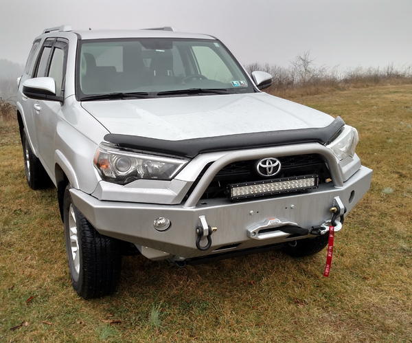 2015 SR5 4Runner with a ShrockWorks front bumper with Warn Zeon 10-S Platinum Winch and Rough Country 20" LED Light Bar.