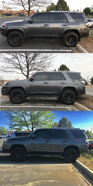 4Runner Progress. 
Top image - stock
Middle image - Bilstein 5100 @ 1.75 w/ rear 1" spacers
Bottom image - Bilstein 5100 @ 2.5 w/ rear 1.5" spacers & 