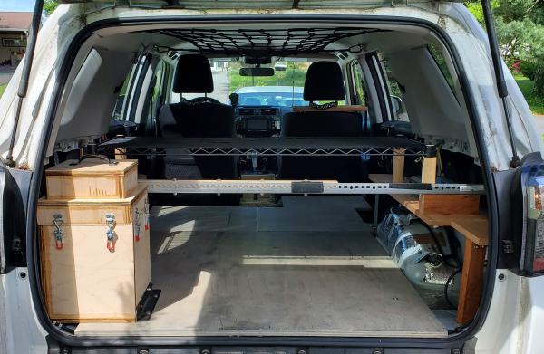 4Runner shelf - rear view. DIY propane locker to contain an 11 lb. Worthington propane tank on the left. This top-loading, sealed propane locker vents