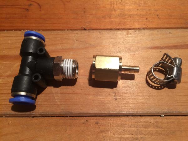 8mm Push to Connect tee fitting w/ 1/4" NPT-M
1/4" NPT-F to 1/8" barb fitting
Hose clamp