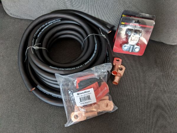 Acquiring parts for the CS144 upgrade. 1/0ga. OFC wire, pure copper lugs, and to top it all off, more cheapo battery terminals from Walmart
