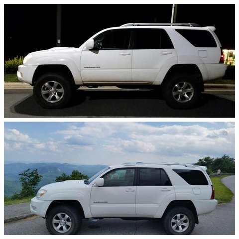 After & Before

Top: FJ Springs & 5100s all around, 2.5" Daystar Spacer in the rear. 

Bottom: Stock XREAS with Daystar Spacer Lift