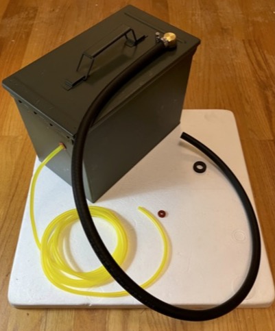 Ammo can fuel tank. 1/2" NPT Brass Rollover Safety Valve from www.boydwelding.com with 5/16" I.D., 5/8" O.D. fuel hose vents the ammo can to the outsi