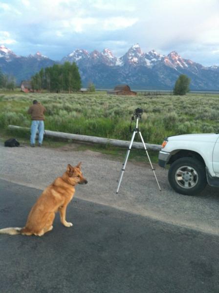 At the Grand Tetons, waking before sunrise, with Wallis the dog (RIP) taking a picture of the iconic barn.