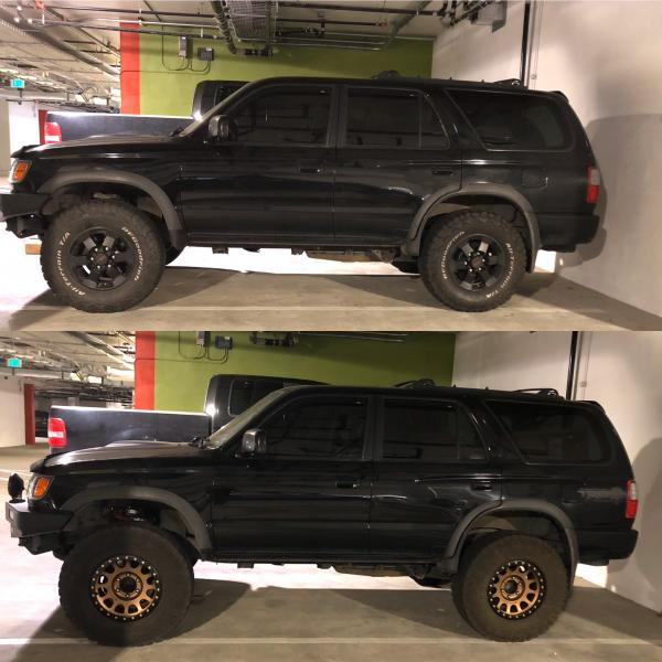 before and after 3” lift (both pictures have a set of wheels and tires in the back)