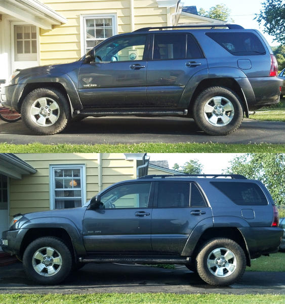 Before and after of the Daystar 2.5/1.5 leveling lift