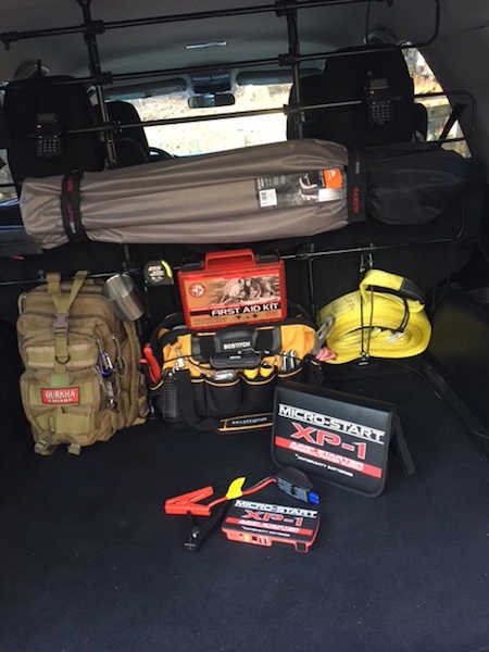 Bug out bag with hunting/medical/emergency tools, Antigravity XP Power Start for battery jump start, First aid Medical Kit (water purification, snake 