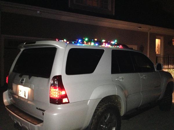 Christmas lights on the roof rack from last year's Christmas