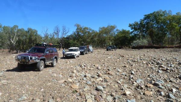 Convoy over the dry river bed.