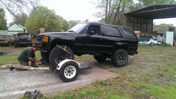 Dolly on a dolly. 
After 33s were added. Headed to the mechanic's house.