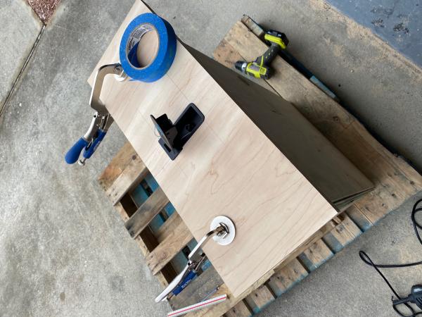 Final drawer front aligned and braced for cut.  Once cut, i glued and secured after final test fit in drawer