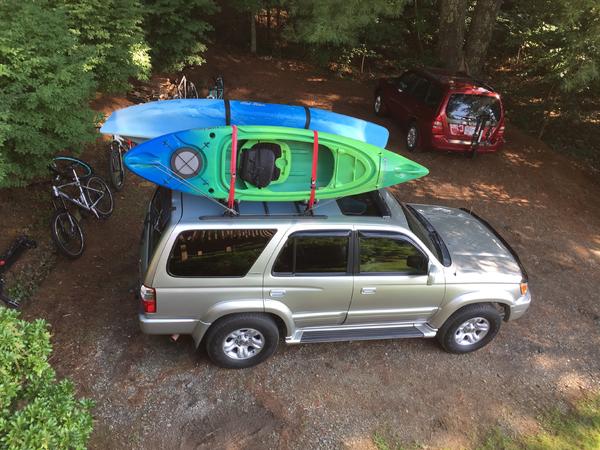 Headed to float the river. Yakima roof rack essential for carrying two kayaks.
