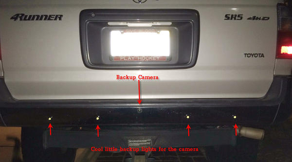 Here is the rear-view camera with four LED lights to illuminate about 7' of space behind the truck.  Both the camera and the lights are activated by t