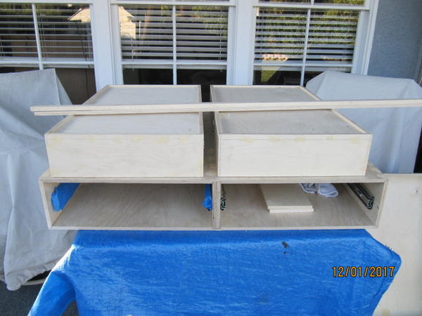 IMG 5253 preparing for stain and poly. The glides were installed prior to the top being placed. I only had 7" to work with. leveling the glides and sc