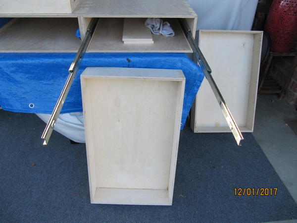 IMG 5256 cabinet and drawers. install glides in cabinet and measure with glides retracted into cabinet prior to building drawers. notice the three dra