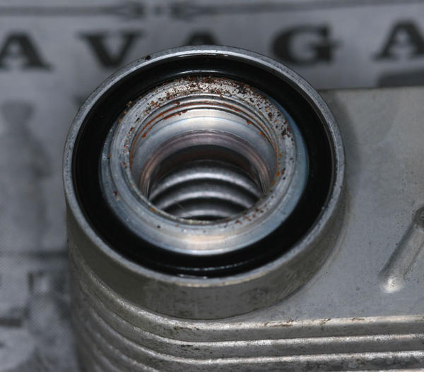 Inlet side of the cooler looks good. O-ring is still in good shape. This o-ring seals against the inside of the radiator.