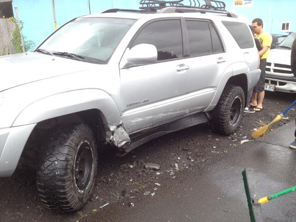 Left front and rear, bent! The right side tires are still looking forward. Door not lining up :(