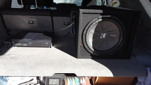 Light bass boost with 12" kicker comp on 1000w kenwood amp. Rail mounted xbox one, works on dash while driving. Unlimited 4g on Xbox live virtually no