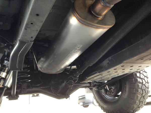 Magnaflow muffler PN# 12286 24"x8"x5", 2.5" centered inlet / 2.5" offset outlet. The sound is just right, not too loud, not too quiet!