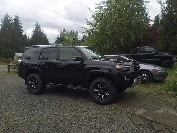 My 2015 TEP 4Runner w/Bilstein's set at 2.5 in front with 1" spacer in rear /W 285/65/18's on Worx wheels. Nfab bars, and Toyota bug guard.