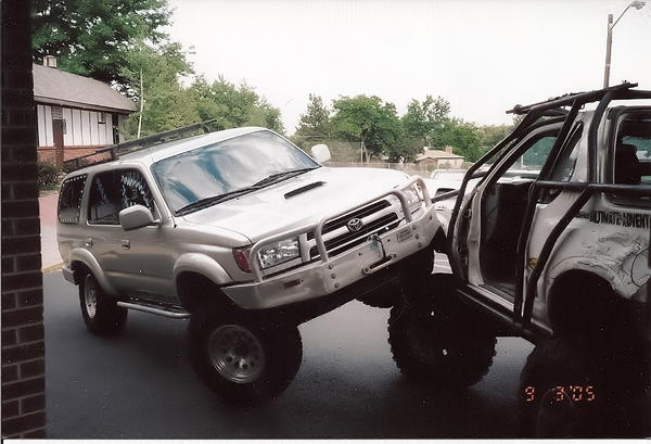 My 4Runner ramped on my friend's Amigo after Cathy's and my wedding. The groomsmen rationalized they had to tip it a bit so my wife could more easily 