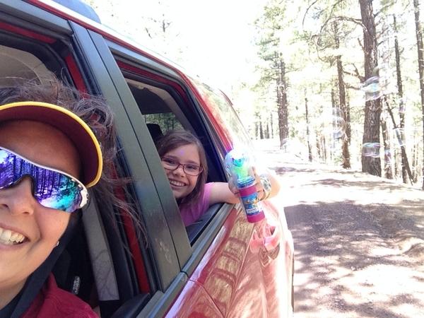Myself and my daughter selfie.  Going down the trail blowing bubbles.  Life is good!