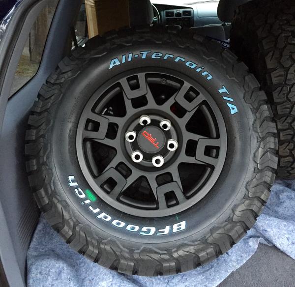 New BFG KO2's mounted on 17" Toyota TRD wheels.