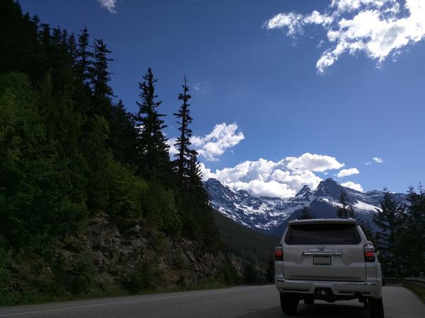 North Cascades Hwy above Diablo Lake in Washington state. Centennial and Pyramid peaks in the background.