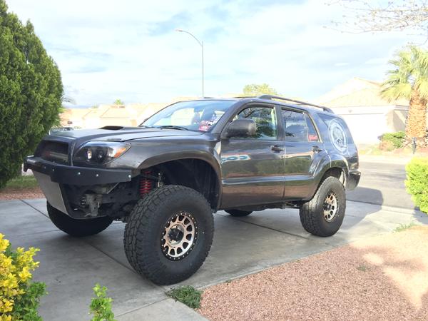 Now-UPDATED
-Toyo Tires Open Country AT2 315/75R17
-Dirt King uniball/heimed UCA
-Maxtrac 4" Spindles 
-Maxx Brakes Drilled/Slotted (4)
-Pro Stop brak