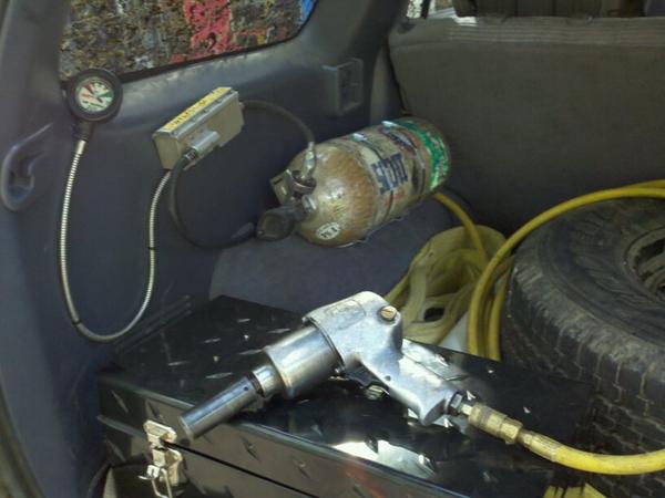 On board air with Scotts tank. 4500 psi with dumb down regulator to 130 psi.