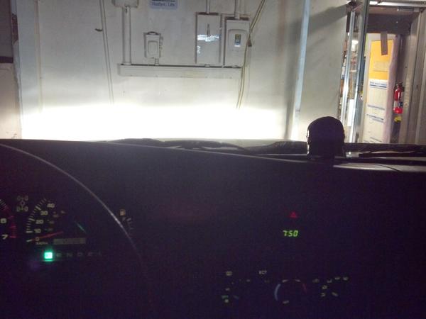 Picture from inside the truck with low beams on, I think the camera was trying to focus inside so it glared really badly from the light.