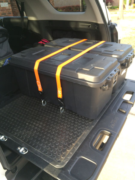 Rear Cargo Storage - Side-by-Side Configuration

Plano 68 Quart Tote (pn# 1719-00)
Keeper 1 in. x 10 ft. x 400 lbs. Cam Buckle Tie Down (pn# 05110)
Ke