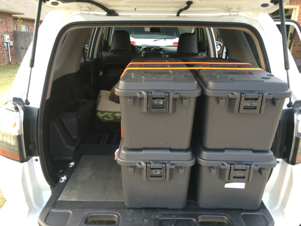 Rear Cargo Storage - Stacked Configuration

Plano 68 Quart Tote (pn# 1719-00)
Keeper 1 in. x 10 ft. x 400 lbs. Cam Buckle Tie Down (pn# 05110)
Keeper 