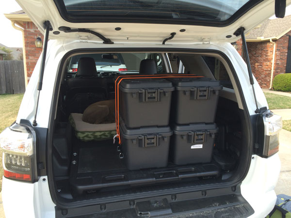 Rear Cargo Storage - Stacked Configuration

Plano 68 Quart Tote (pn# 1719-00)
Keeper 1 in. x 10 ft. x 400 lbs. Cam Buckle Tie Down (pn# 05110)
Keeper 