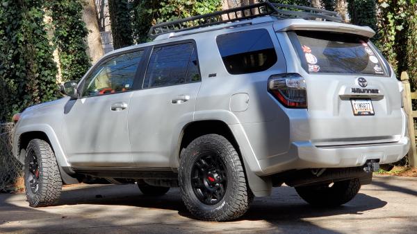 Rola roof rack, TRD wheels with Falken Wildpeak tires 265/70/17, blackout emblems