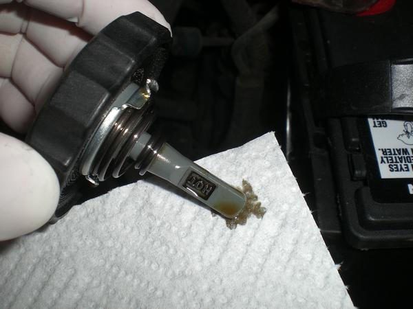 Showing the old power steering fluid. Not the correct color.