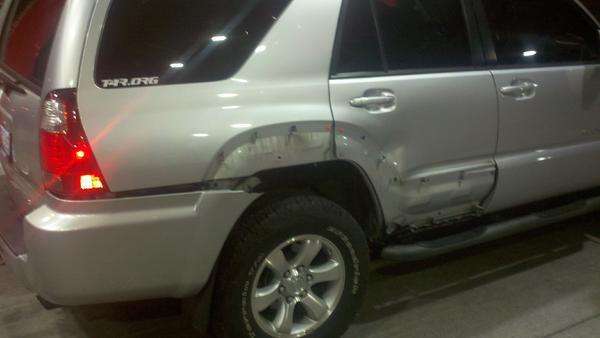 Silly Doe ran into the side of my Runner... tore the bumper, lost the two body side moldings, and put a nice sized dent in the pass rear door. the den