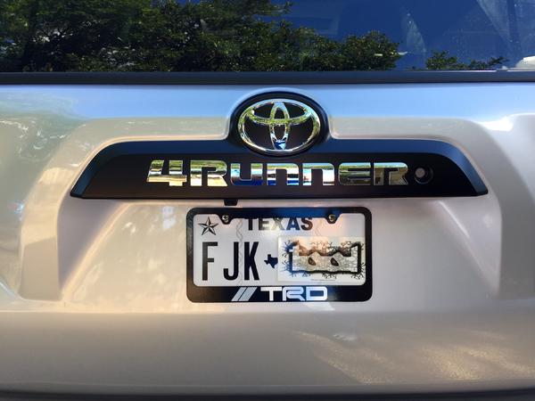 Swapped out Rear Handle Panel (silver) for the TRDP version (black) + new lettering & emblem

7681135220 - TRD Pro Handle Panel (black)
7543206030 - R