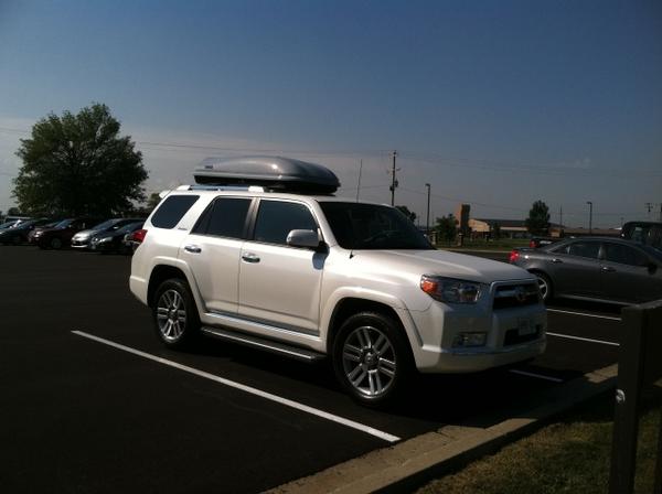 T4R with Thule Evolution 1600XT cargo carrier. Note: propped the rear end of the carrier with rubber spacers. I don't recommend this setup. Best to bu