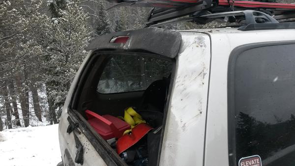 The branches blew out my rear window, dented my lift gate and broke the mount for my spoiler.