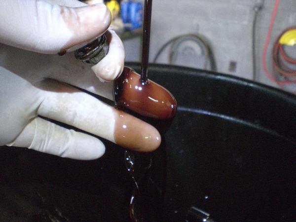 The color of the fluid on my white latex-gloved hand.