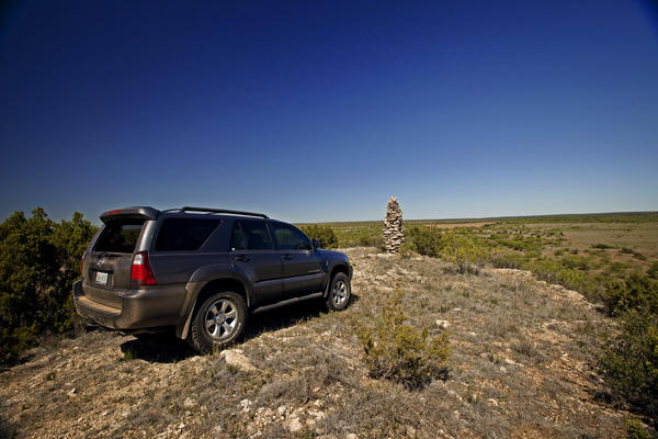This stack of rocks on private property in West Texas is known as a "water monument." High upon a hill sits this 8-foot tall stack of rocks for the pu