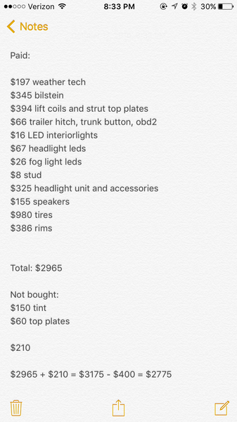 This was my list of stuff I bought. Theres one typo where i wrote headlight unit rather than just head unit (pioneer touch screen). I spend tons of ti