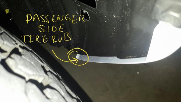 Tire Rub - Passenger: on stock suspension with Level 8 17x9 wheels and BFG 275/70/17's