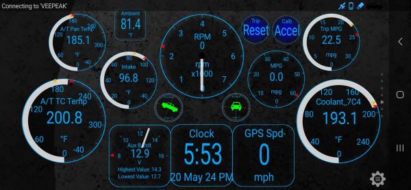 Torque app screenshot - evening commute - NO COOLER INSTALLED
~20 miles, 35 minutes
Ambient air temp 81f
A/T Pan temp steady around 185f
T/C temp max 